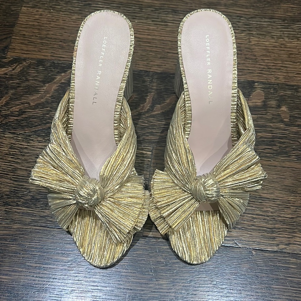 Never worn Loeffler Randall Gold Penny knot heels